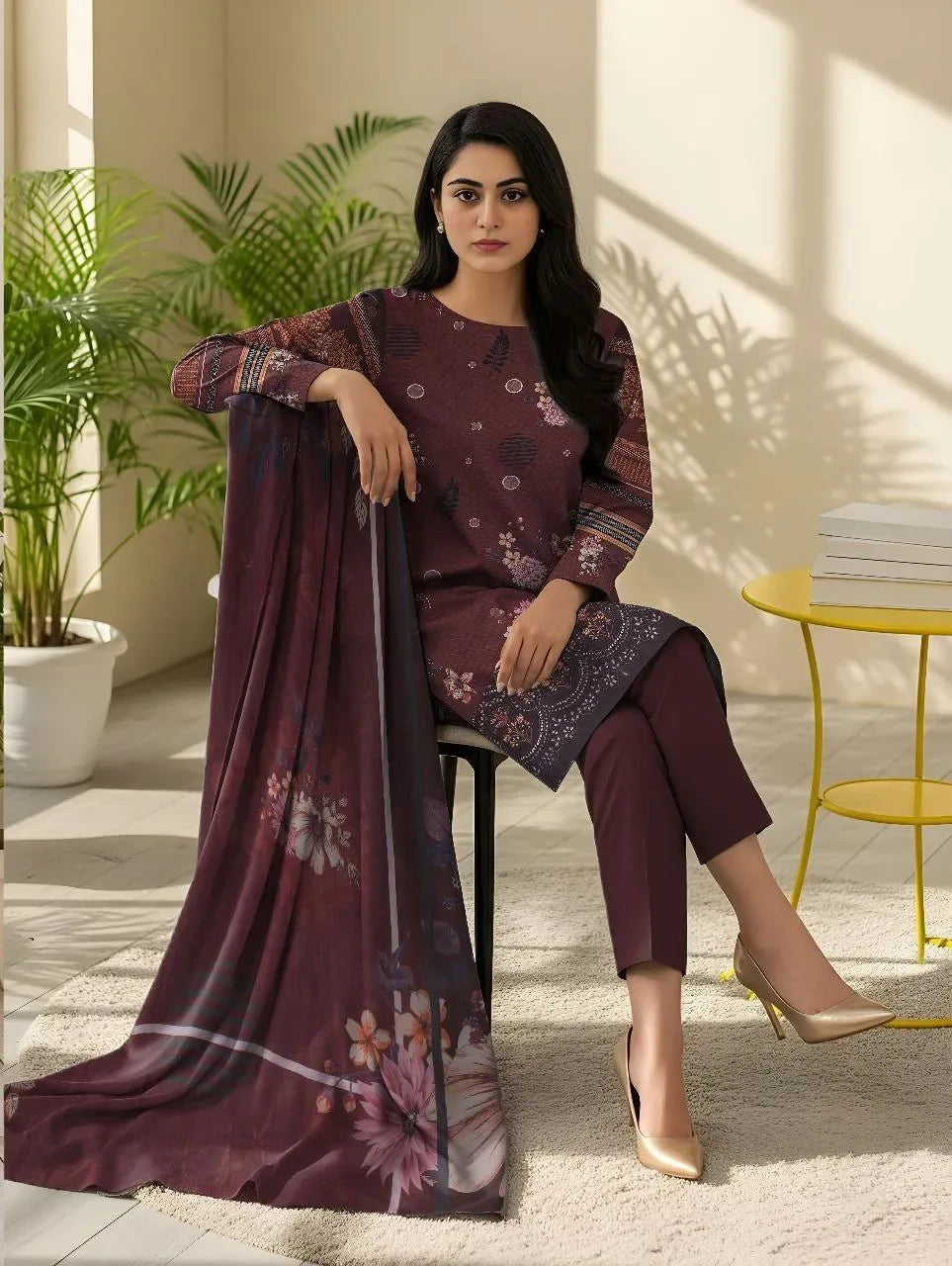 Woman in a maroon traditional outfit sitting outdoors with plants and a table in the background