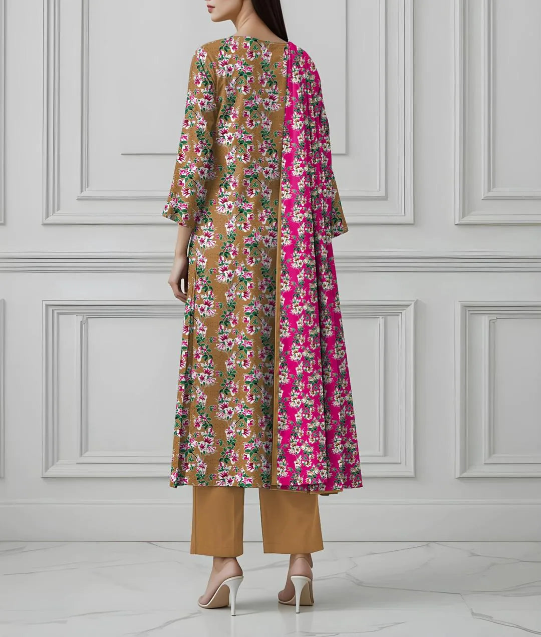 Woman wearing a floral dress with a pink and brown pattern against a white paneled wall.