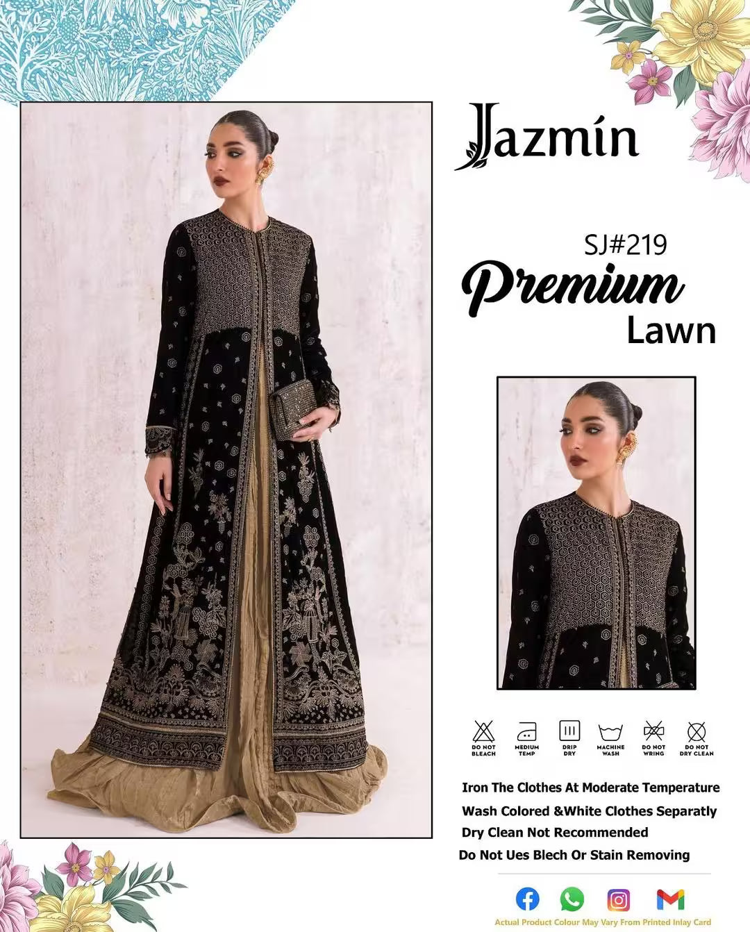 Black and gold embroidered dress with 'Jazmin' branding on a decorative background