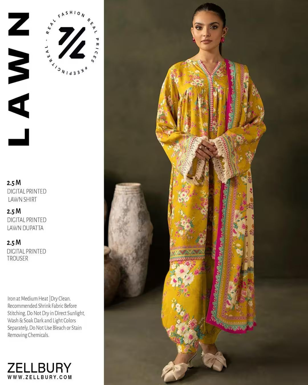 Woman wearing a yellow floral outfit with Zellbury branding on a dark background