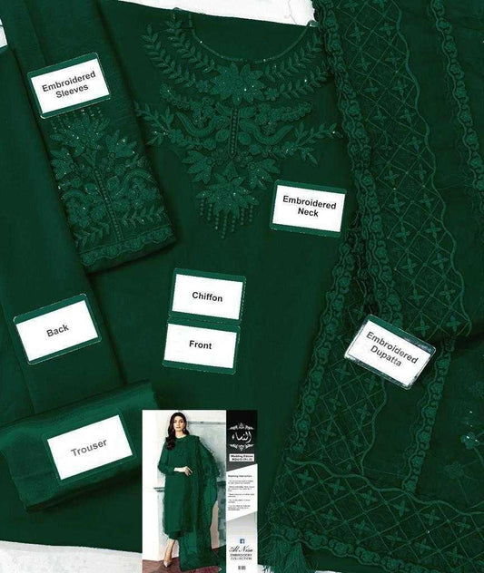 Green embroidered garment with labeled parts and a model wearing the garment.