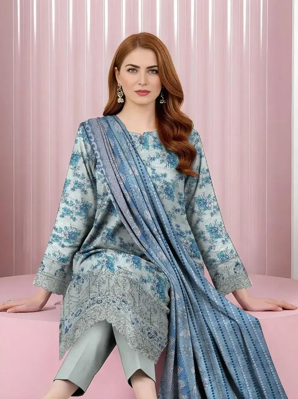 Woman wearing a blue floral dress with a matching dupatta against a pink curtain background