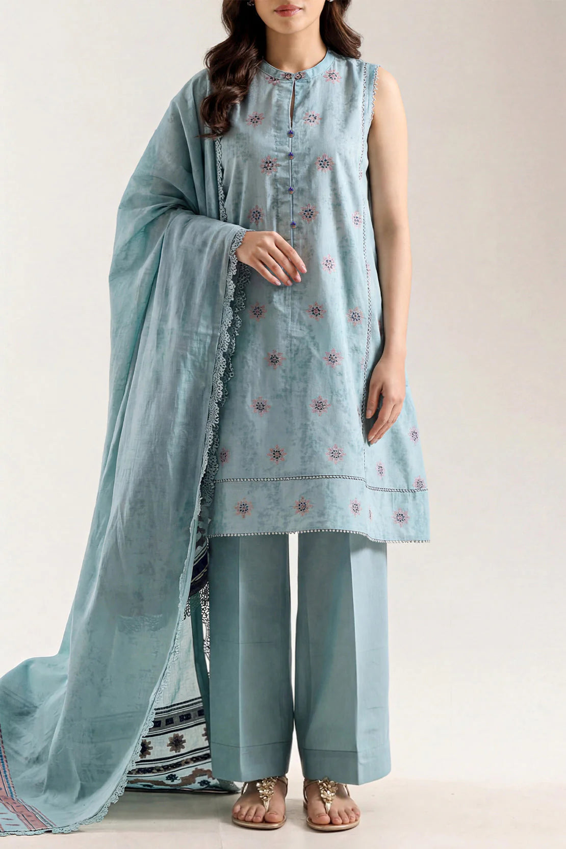 Woman wearing a light blue traditional outfit with a matching dupatta on a plain background