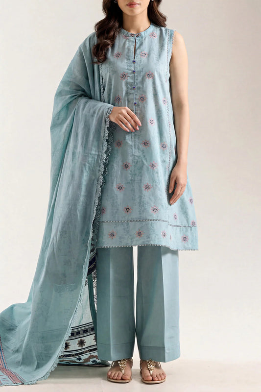 Woman wearing a light blue traditional outfit with a matching dupatta on a plain background