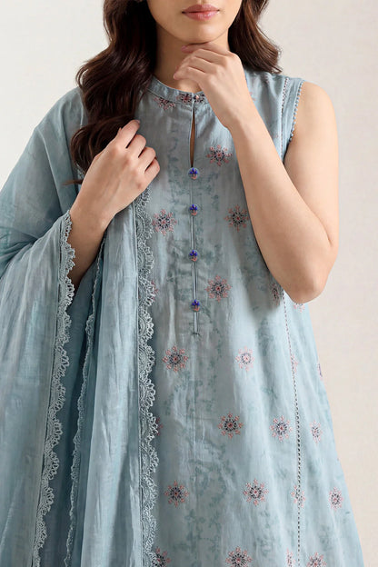 Light blue embroidered dress with a matching dupatta on a neutral background