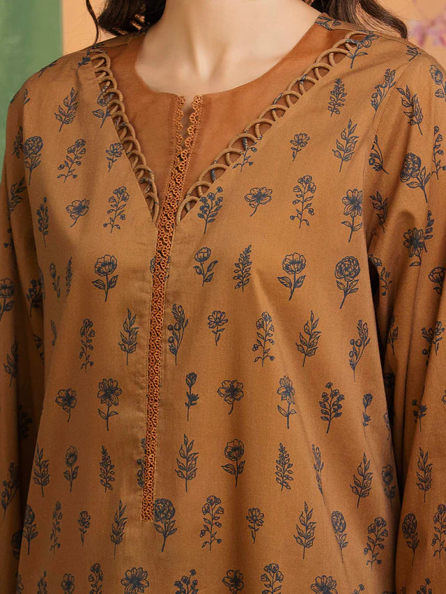 Brown floral-patterned blouse with intricate detailing