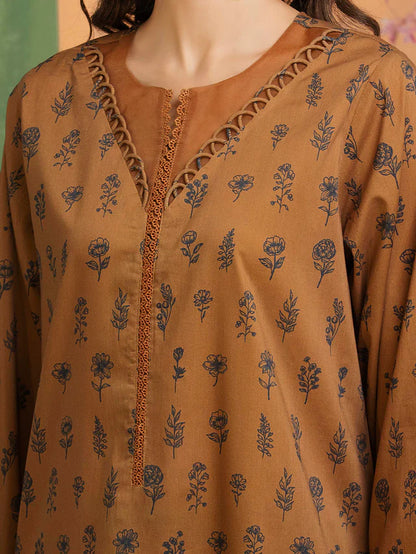 Brown floral-patterned blouse with intricate detailing