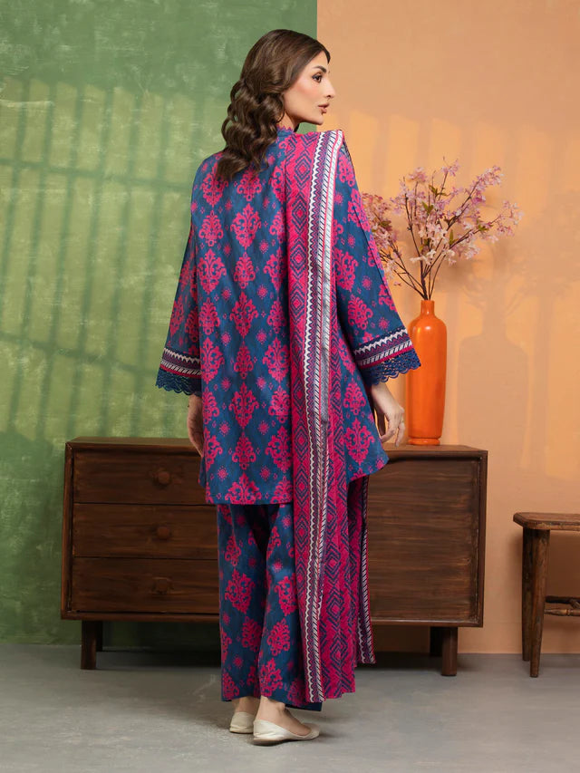 Woman wearing a blue and pink traditional outfit with a green and beige background