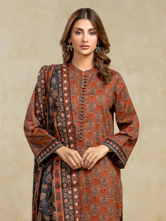 Woman wearing a traditional outfit with intricate patterns on a beige background