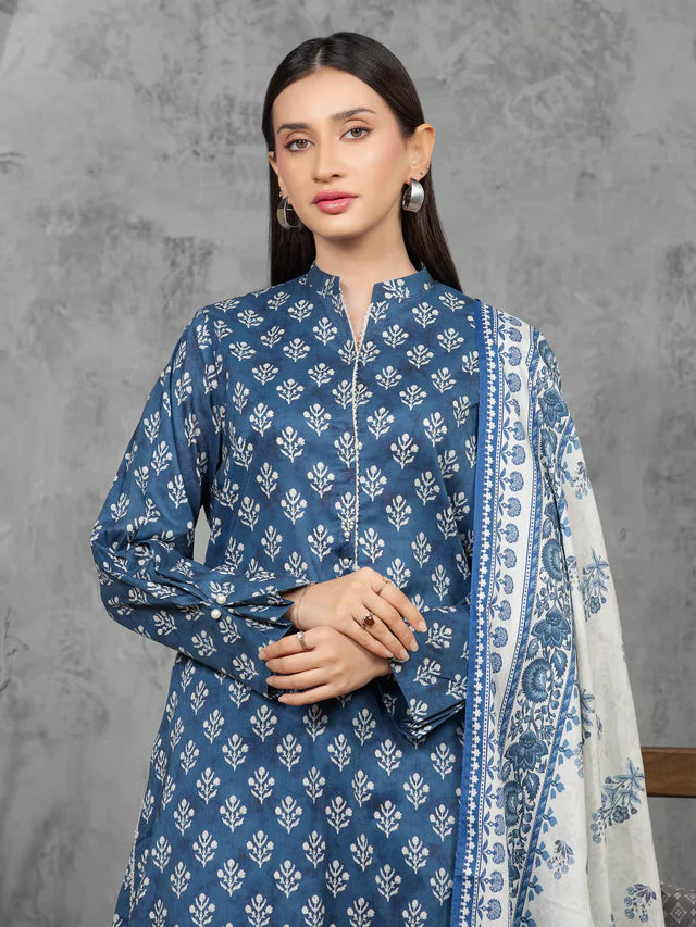 Woman wearing a blue and white patterned traditional outfit against a gray background