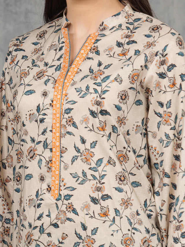 Floral patterned kurta with orange zari trim on a plain background