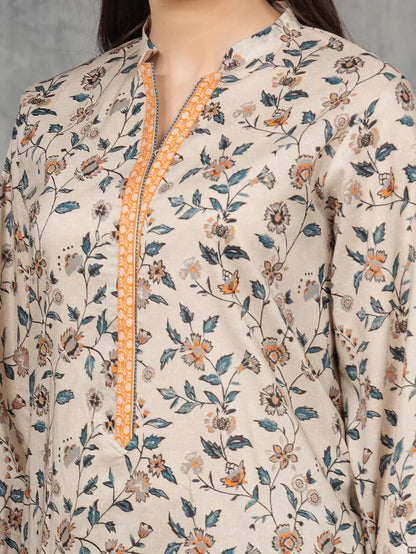 Floral patterned kurta with orange zari trim on a plain background
