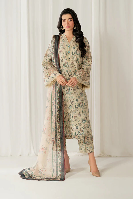 Woman wearing a traditional outfit with a floral pattern against a white curtain background