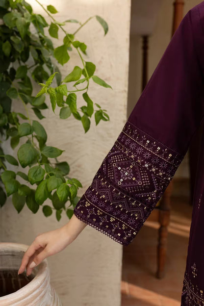Person wearing a dark purple garment with intricate patterns, standing next to a potted plant.