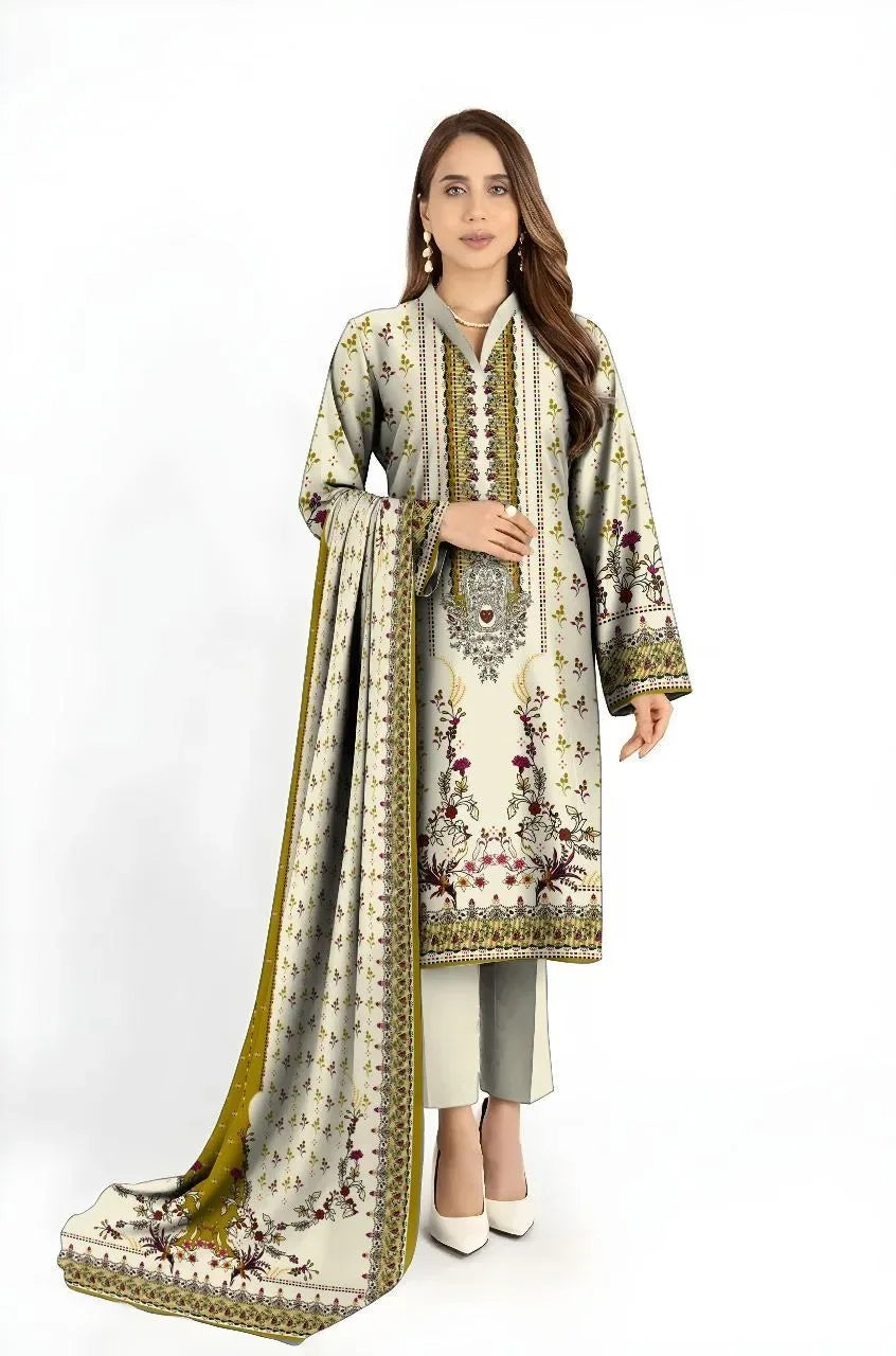 Off White Karandi Unstitched Printed Suit - 3 Pcs Complete Set with Dupatta | Premium Quality