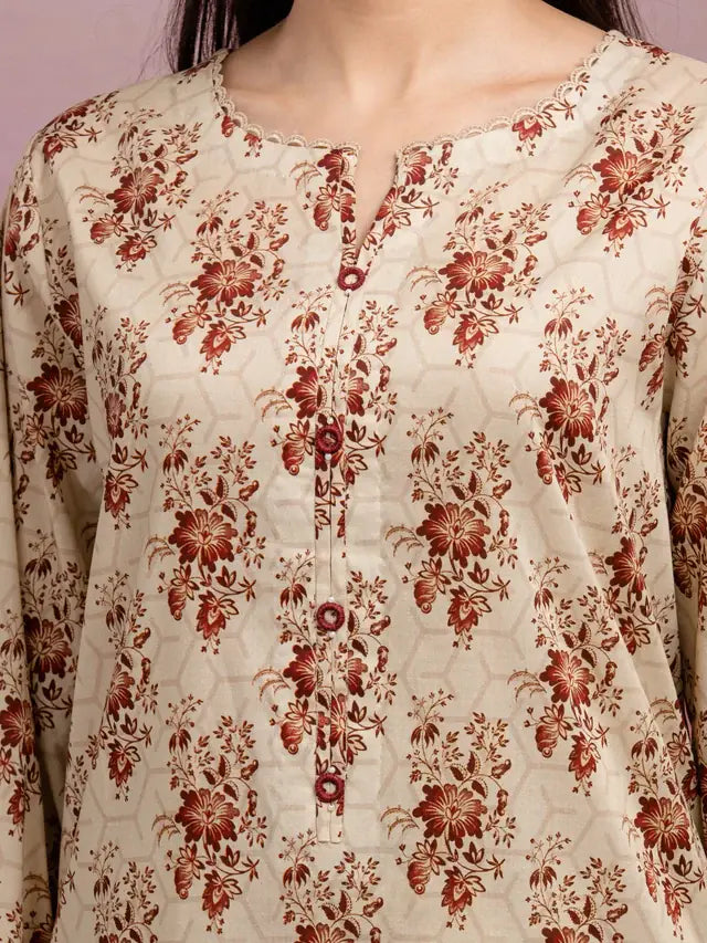 Beige floral patterned shirt with red flowers on a plain background