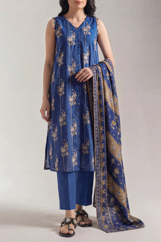 Unstitched Printed Self Strip Lawn 3 Piece