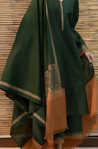 Green traditional outfit with gold embroidery against a wooden background