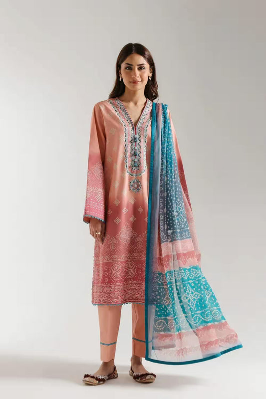 Woman wearing a traditional outfit with pink and blue patterns on a white background