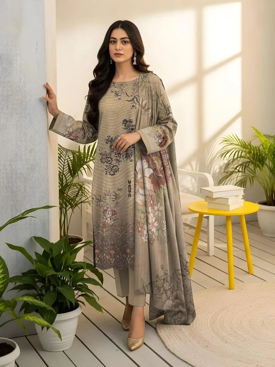 Woman in a floral dress standing in a bright room with plants and a yellow table.