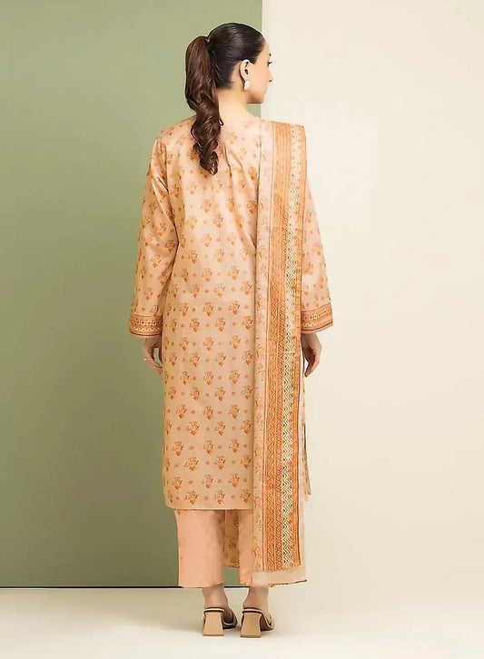 Woman wearing a beige traditional outfit with a matching dupatta against a light green and beige background