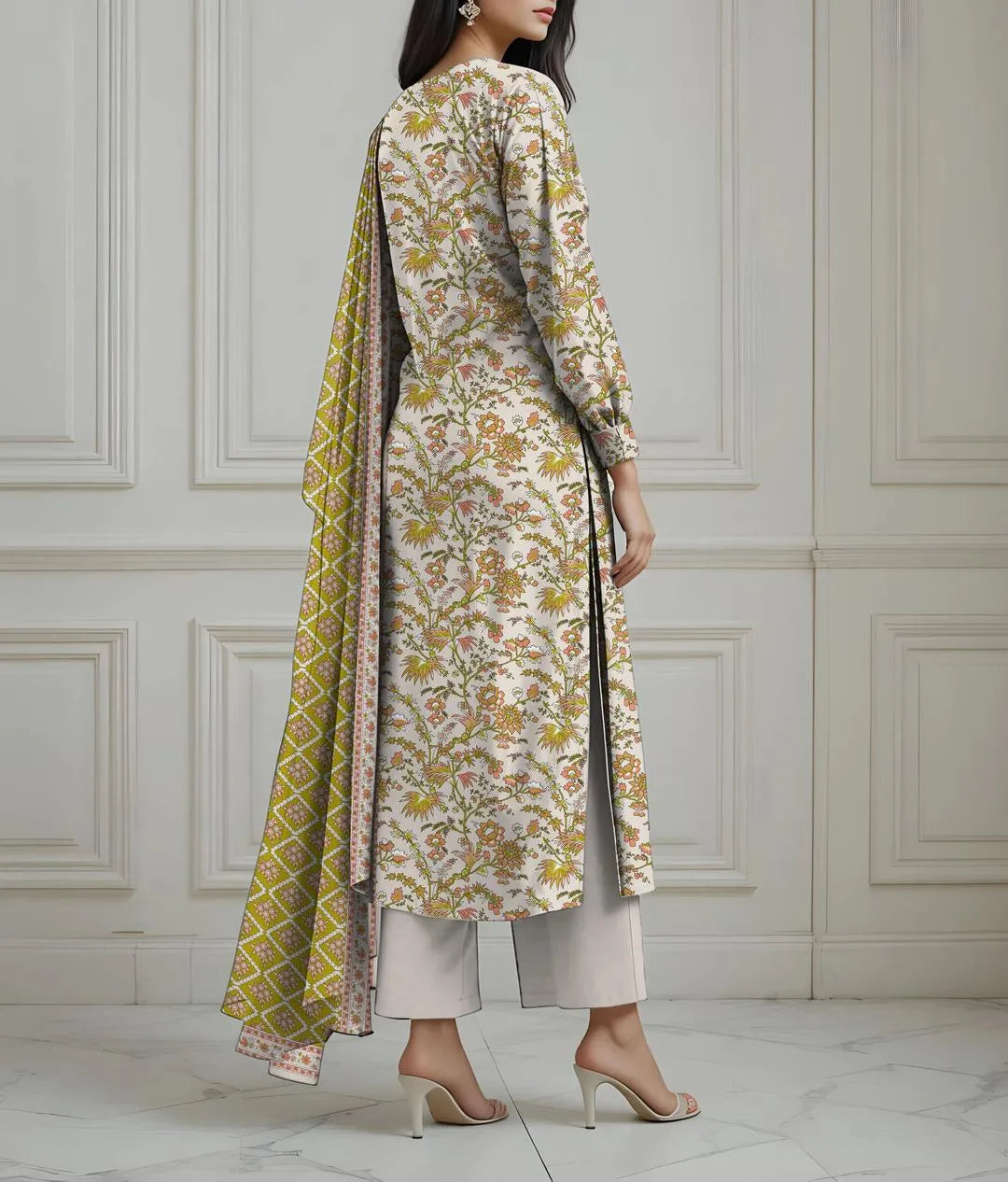 Woman wearing a floral kurta with a matching dupatta against a white paneled wall.