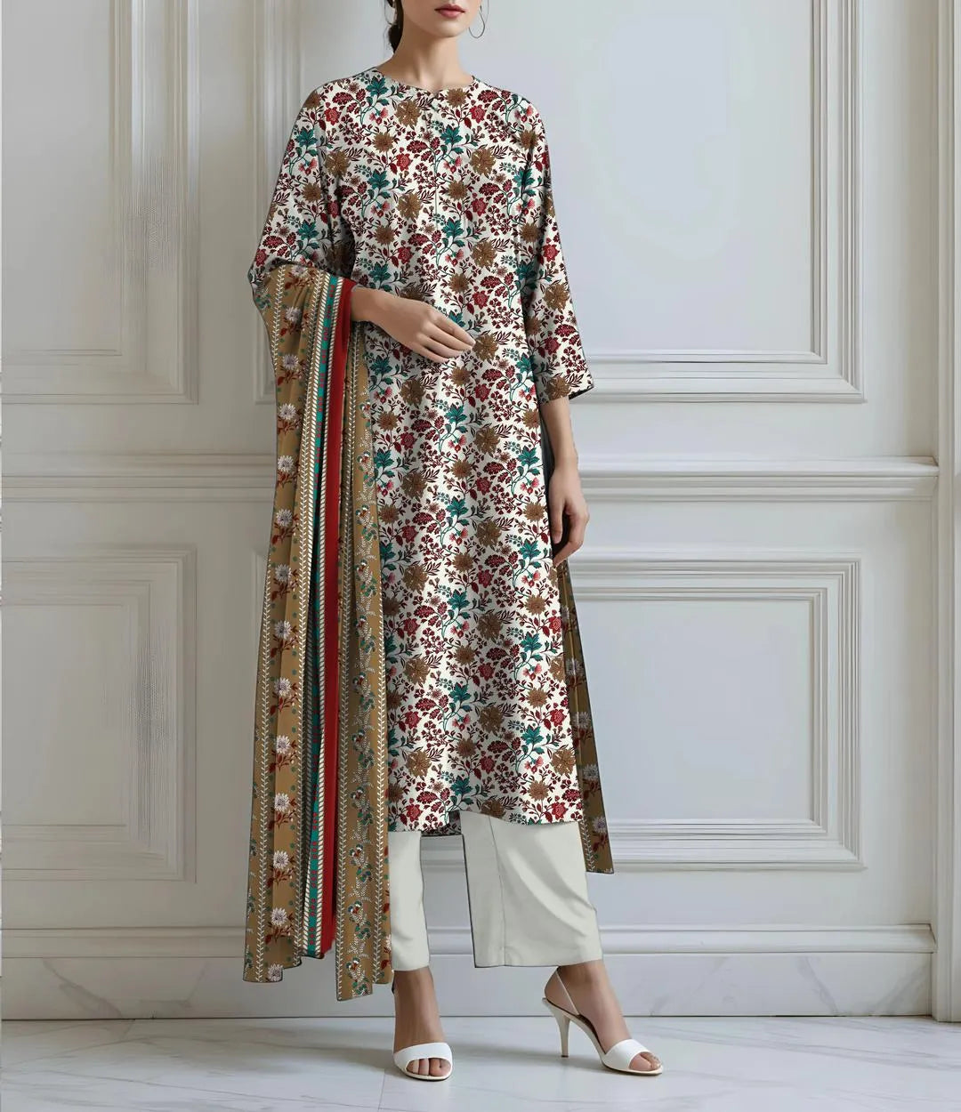 Woman wearing a floral kurta with a long jacket against a white paneled wall.