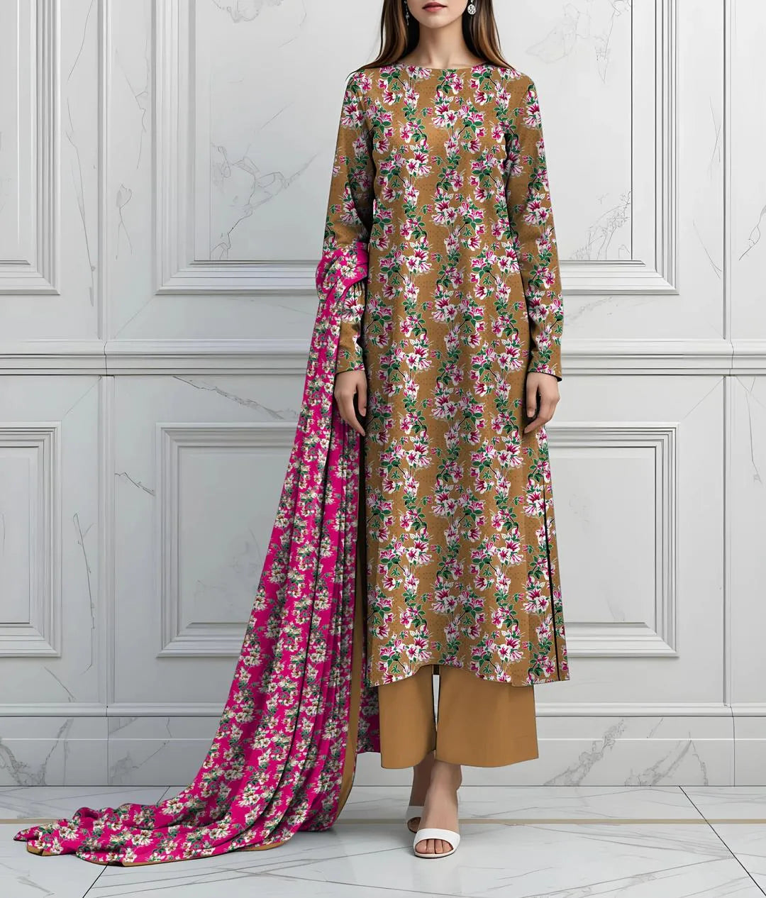 Woman wearing a floral dress with a long pink scarf against a white paneled wall.