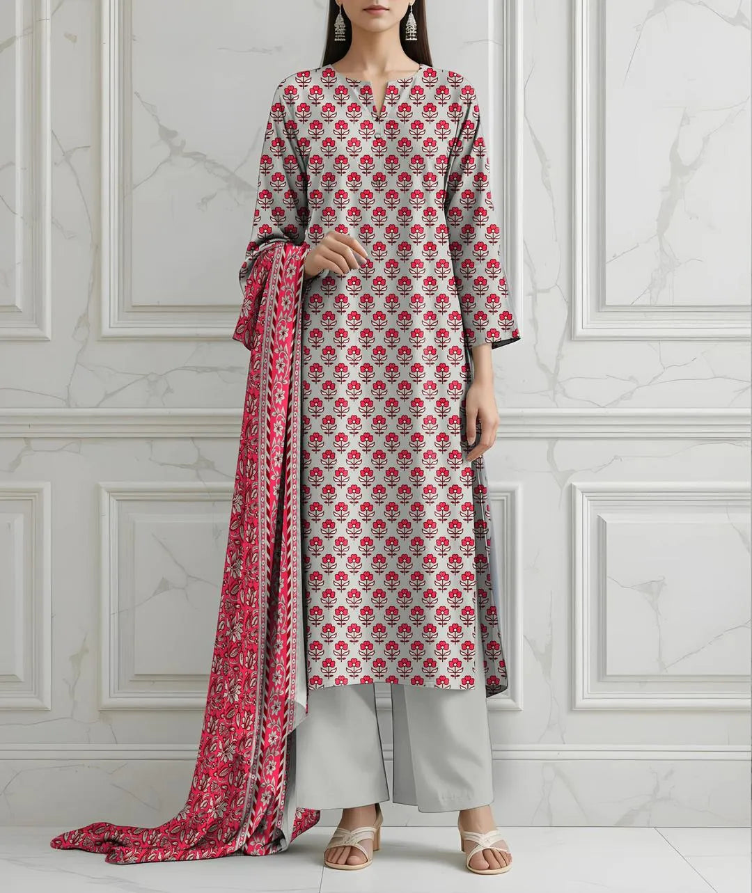 Woman wearing a floral kurta with a matching dupatta against a white marble wall.