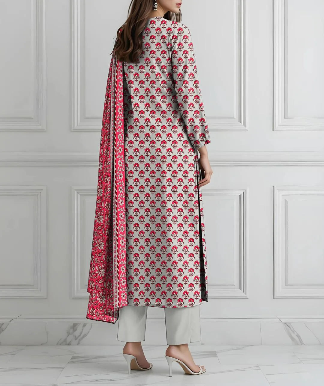 Woman wearing a red and white floral kurta with a matching dupatta against a white paneled wall.