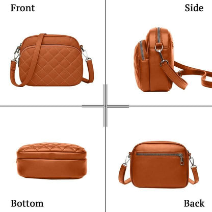 Brown quilted handbag shown from front, side, bottom, and back perspectives on a white background.