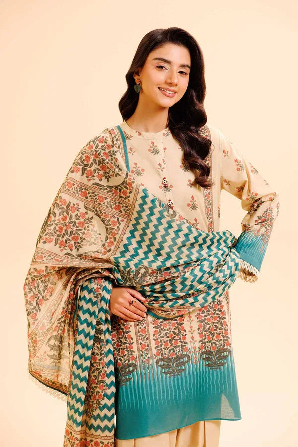 Elegant Printed Dobby Lawn Suit Set – 3 Pcs | Off White