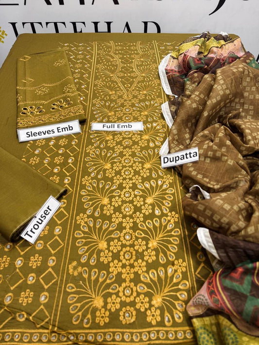 Fabric with embroidered patterns and labels indicating 'Sleeves Emb', 'Full Emb', 'Dupatta', and 'Trouser' on a gold background.