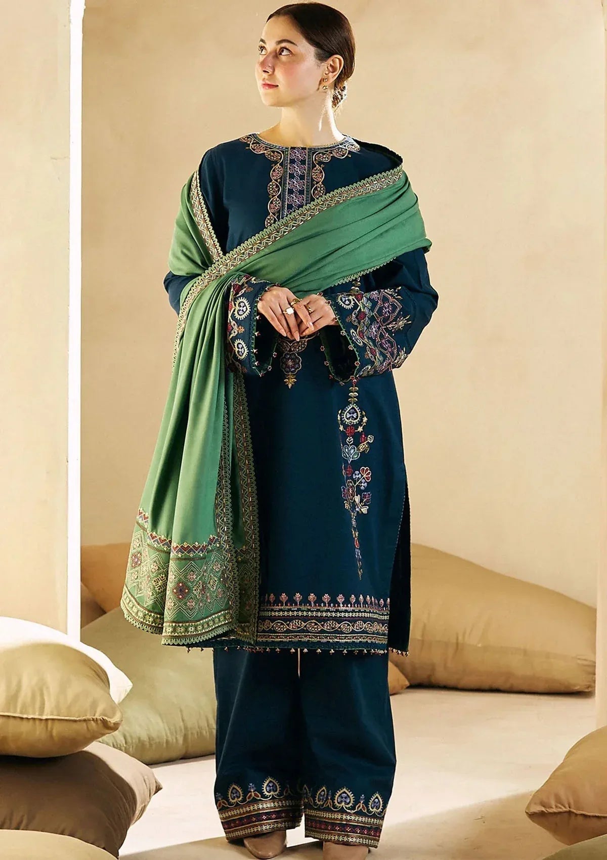 COCO by ZARA SHAHJAHAN - 3 Pcs Dhanak Embroidered Suit - Blue | Premium Winter Collection