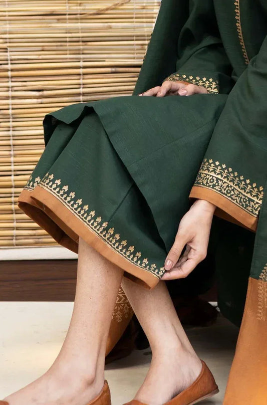 Person wearing a green and brown traditional outfit with intricate patterns.