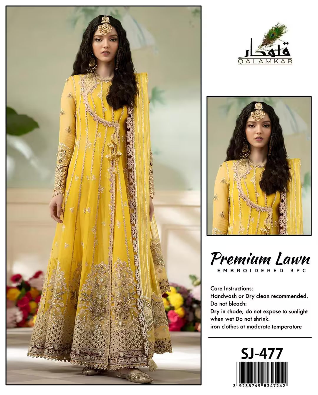 Woman wearing a yellow embroidered dress with a floral background, featuring the Alamkar brand.