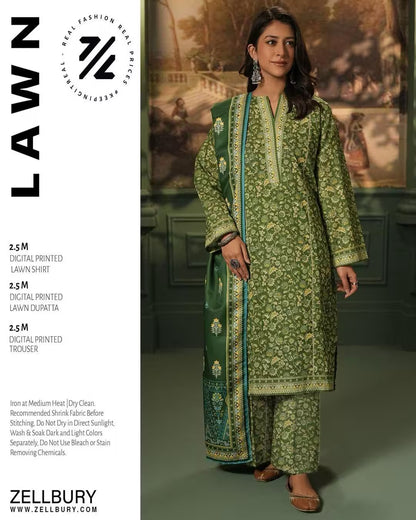 Woman wearing a green floral outfit with Zellbury branding on a dark background