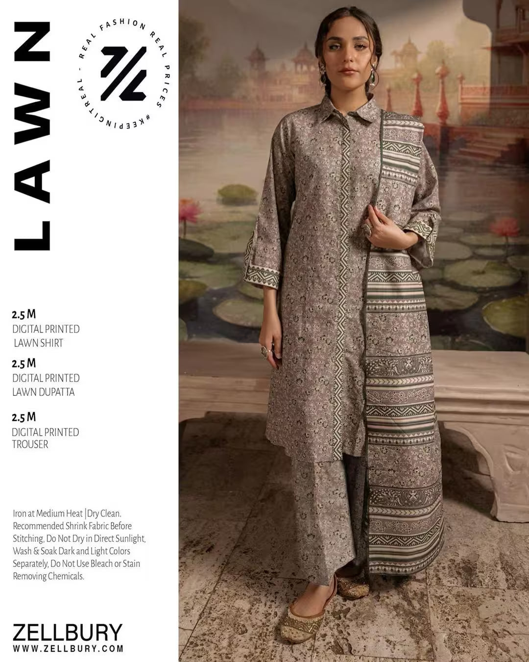 Woman wearing a patterned outfit with Zellbury branding against a scenic background.