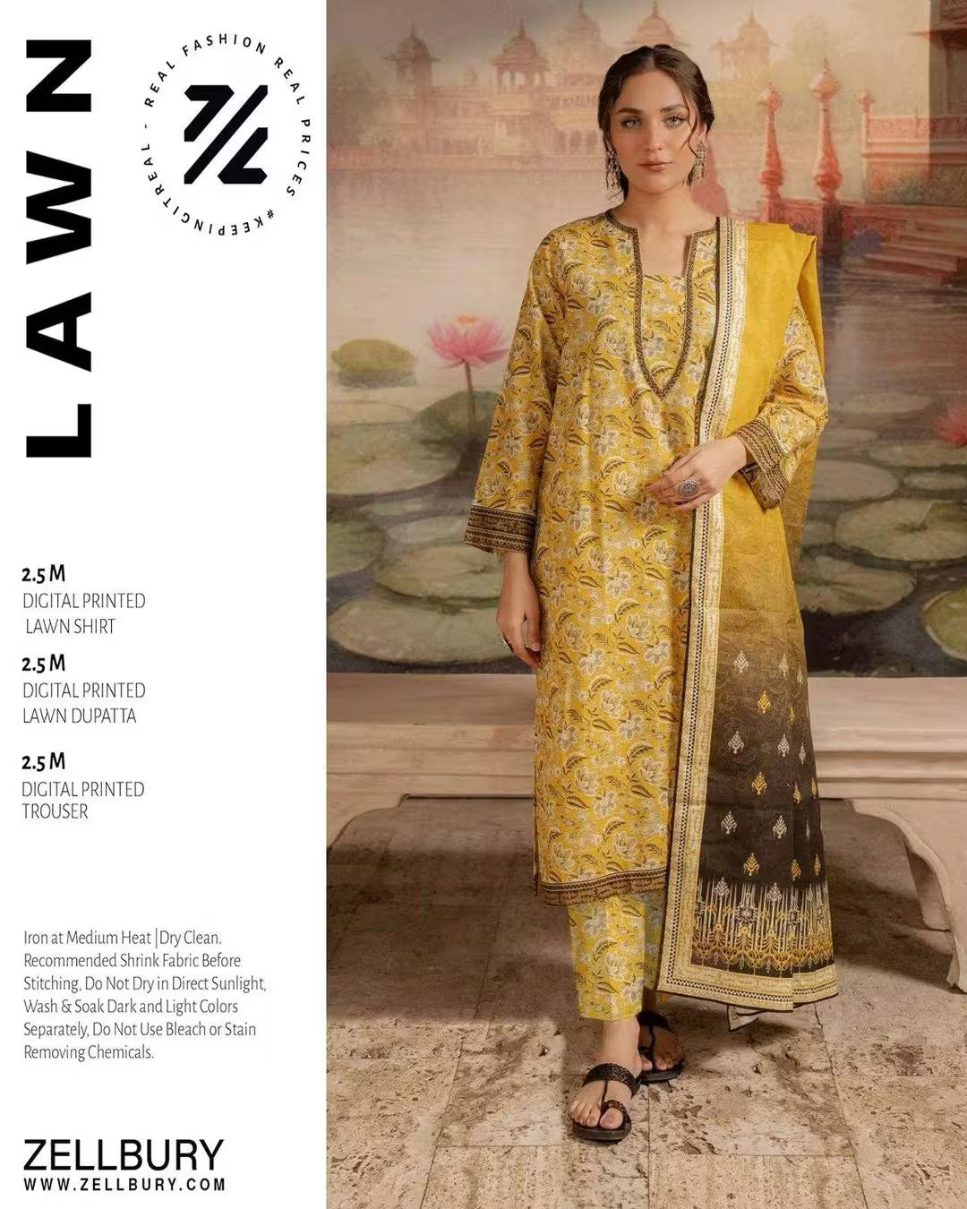 Woman in yellow and black printed outfit with Zellbury branding against a scenic background.