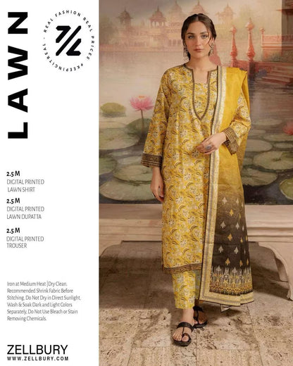 Woman in yellow and black printed outfit with Zellbury branding against a scenic background.