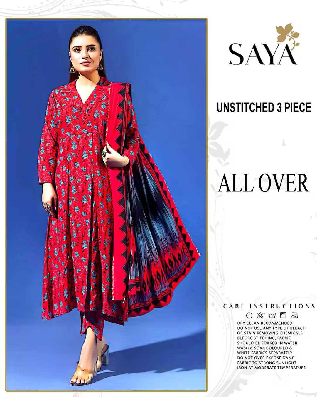 Woman wearing a red and black patterned outfit with 'SAYA' branding on a blue background