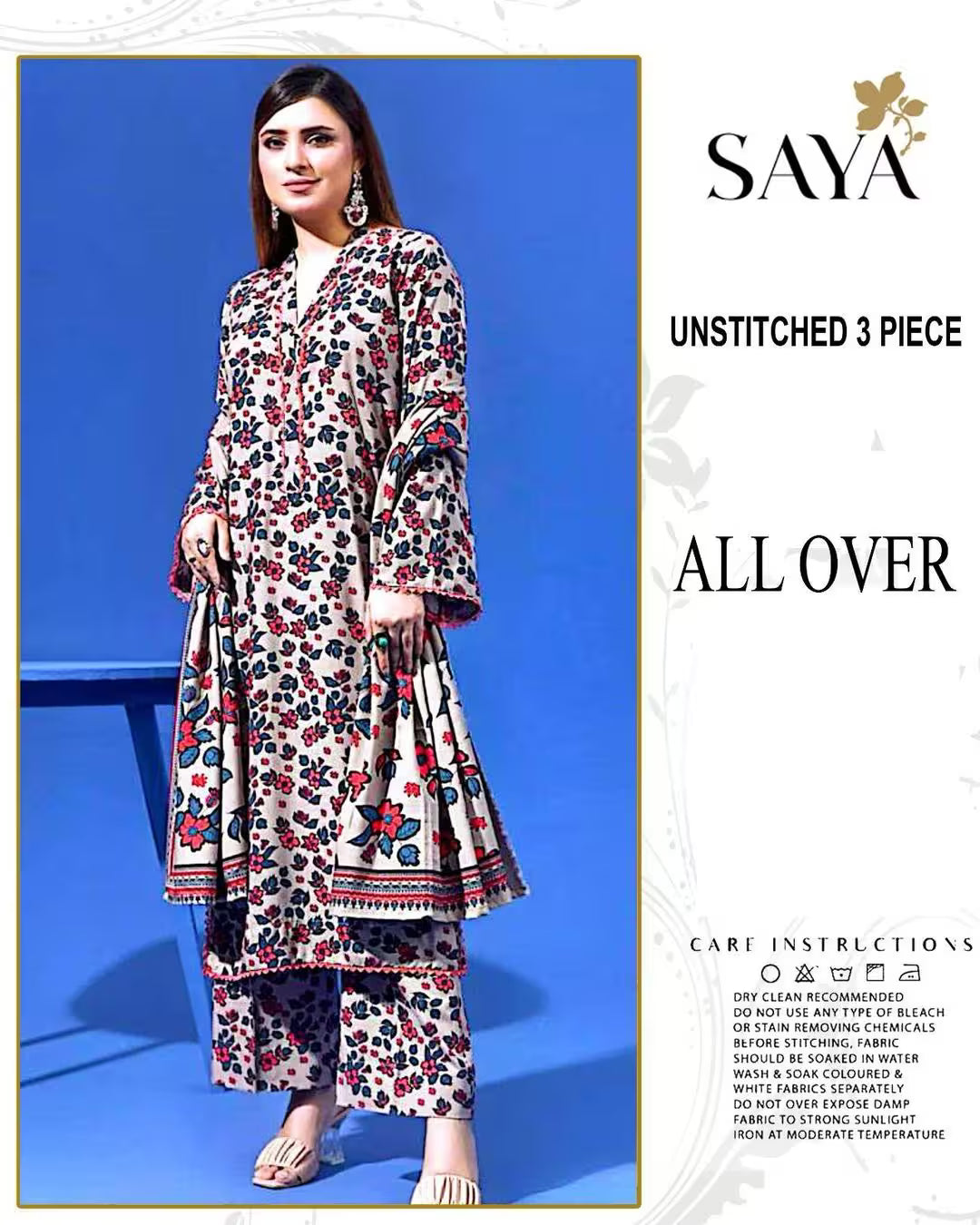 Woman wearing a floral un-stitched 3-piece set with 'SAYA' branding on a blue background.
