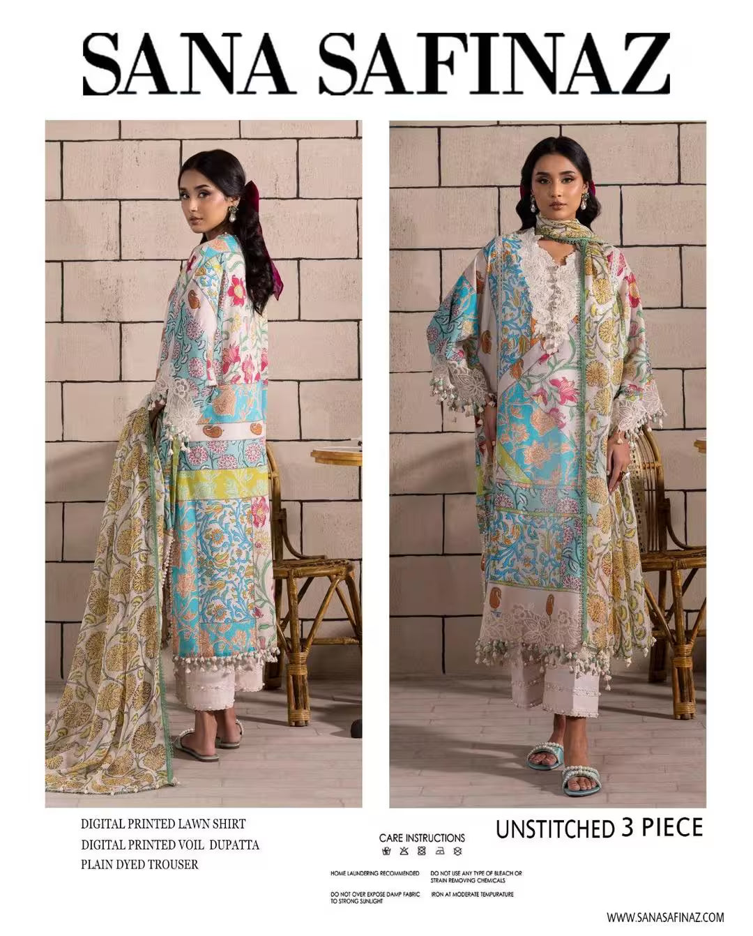 Sana Safinaz clothing set with digital printed shirt, voile dupatta, and plain ivy trousers against a brick wall.