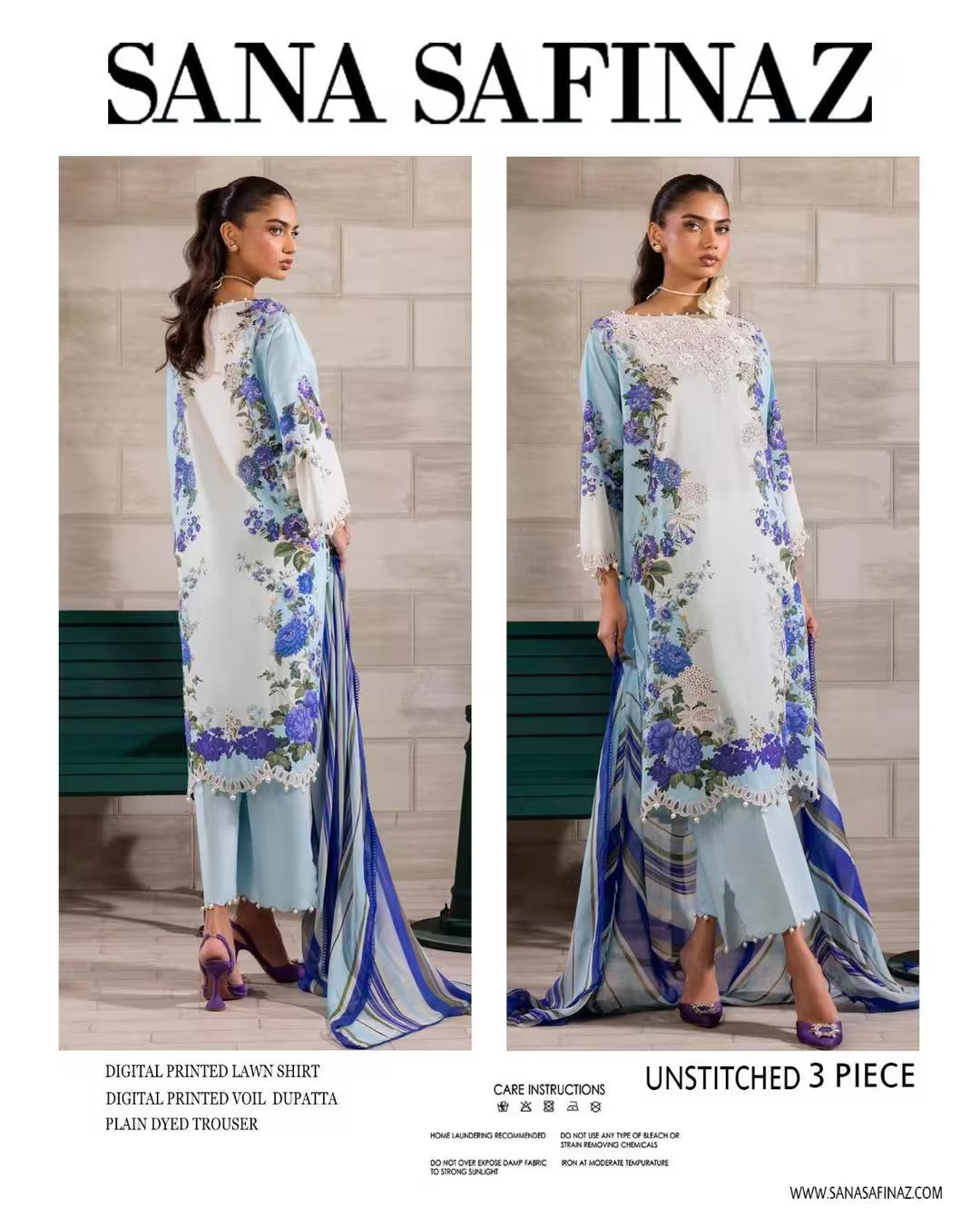 Sana Safinaz clothing advertisement with a model wearing a floral outfit.