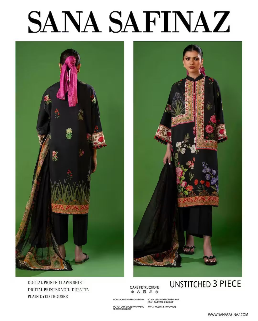Sana Safinaz clothing set with floral design on a green background