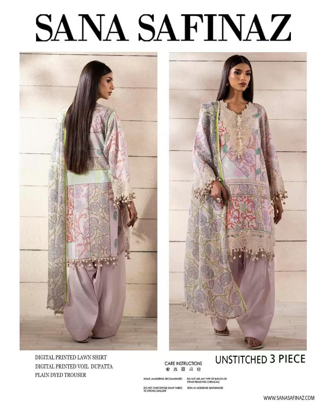 Sana Safinaz un-stitched 3-piece outfit with digital printed shirt, voil dupatta, and plain ivy trousers on a wooden background.