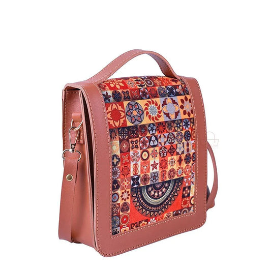 Colorful patterned handbag with a white background