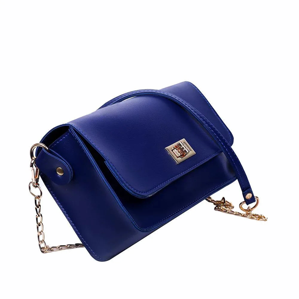 Blue handbag with a chain strap on a white background