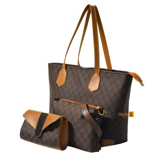 Brown checkered handbag with brown accents and matching pouch on a white background