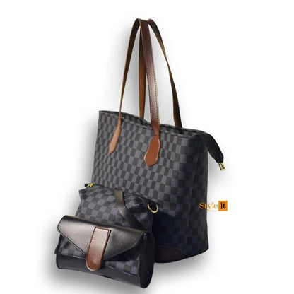 Checkered handbag with brown accents on a white background